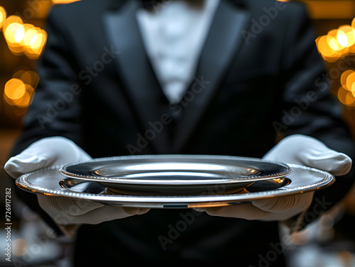 A person wearing white gloves is holding a silver plate in a luxury restaurant