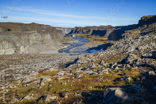 A view of Jokulsargljufur canyon downstream from Dettifoss waterfall, Jökulsárgljúfur, Vatnajokull National Park, Iceland. photo