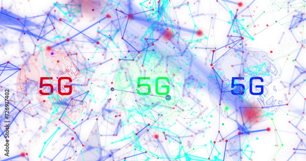 Image of 5g over globes, connections data and digital screen Image of 5g over globes, connections data and digital screen
