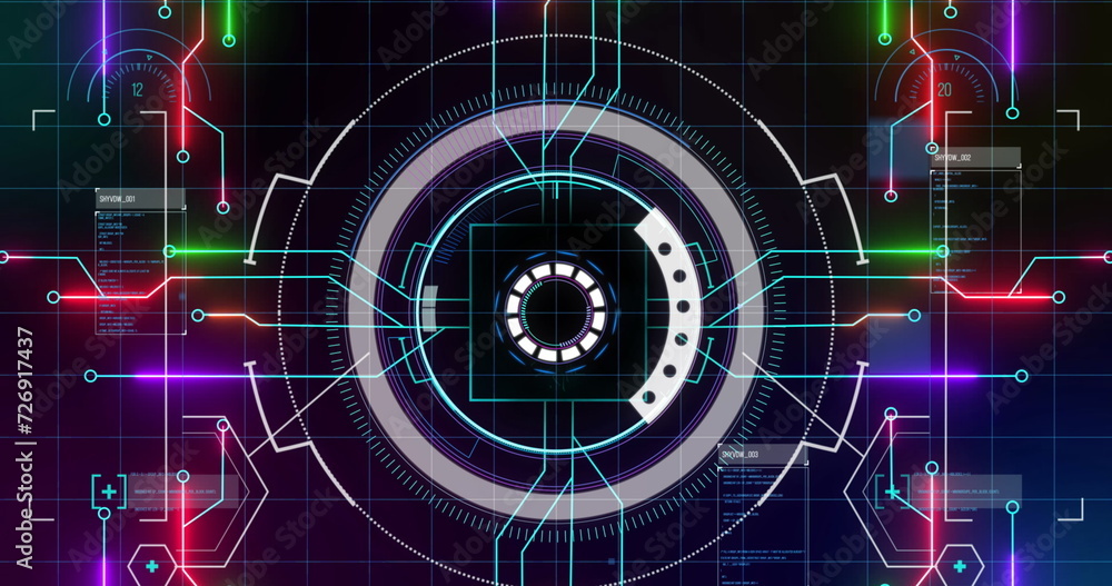 Image of processing circle over integrated circuit and colorful lights in digital space Image of processing circle over integrated circuit and colorful lights in digital space