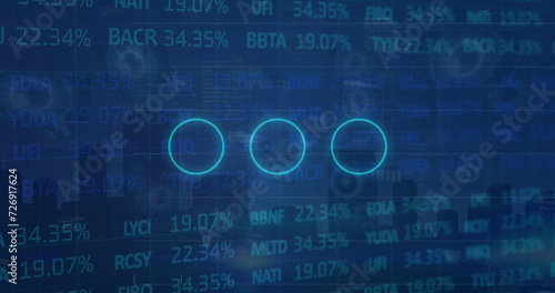 Image of neon circles over digital screen with financial data and graphs
