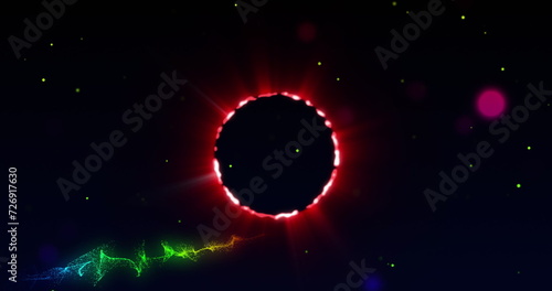 Image of neon circle over black space with dots and waves