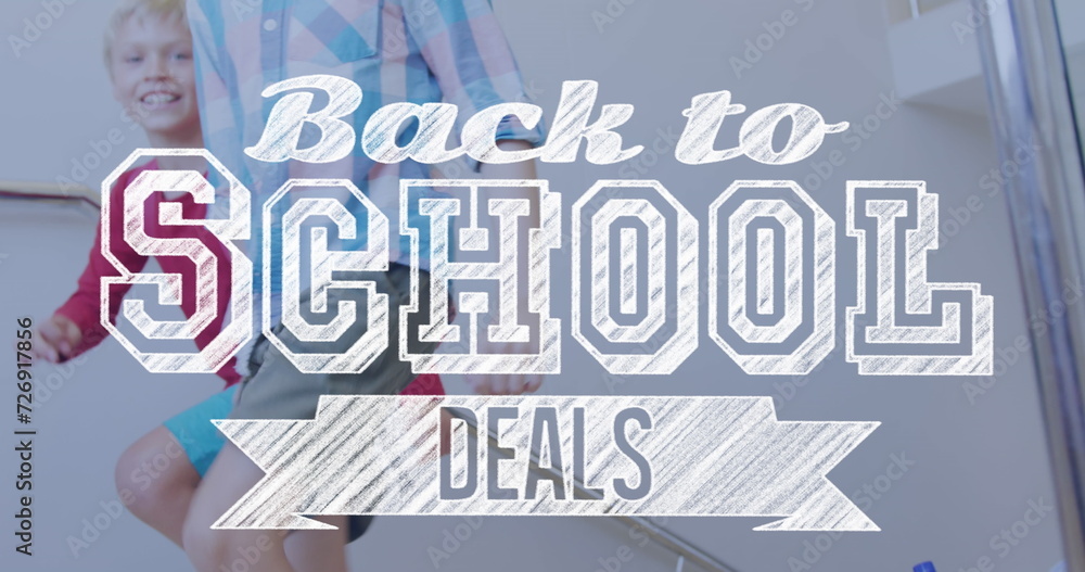 Naklejka premium Image of back to school deals text over happy caucasian schoolboys running up stairs