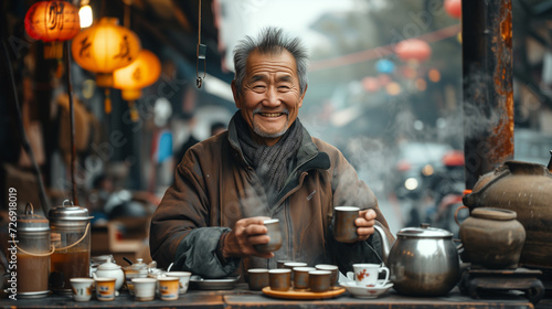 Street vendor selling tea in Chinatown. Hot beverages in winter for tourists.