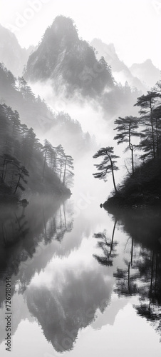 Mystical Morning: A Breathtaking View of Foggy Mountains and Reflective Lake Surrounded by Pine Trees in Black and White