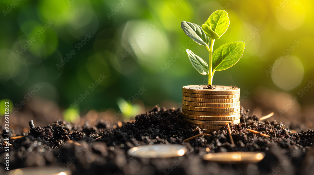 Growth Investment Concept: Young Plant Sprouting from Golden Coins in Fertile Soil with Natural Green Background Growth Investment Concept: Young Plant Sprouting from Golden Coins in Fertile Soil with Natural Green Background
