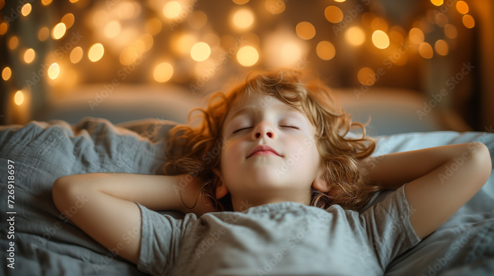 Young boy relaxing on the bed, hands behind his head. Daytime nap. Young boy relaxing on the bed, hands behind his head. Daytime nap.