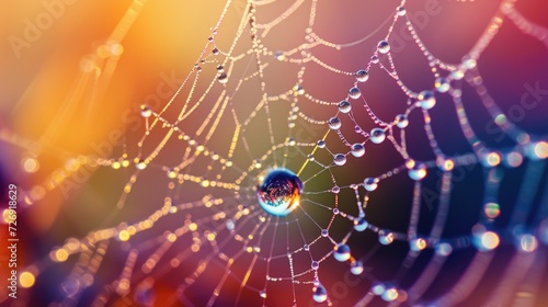 Spider web with dew drops. Hyperrealistic photo