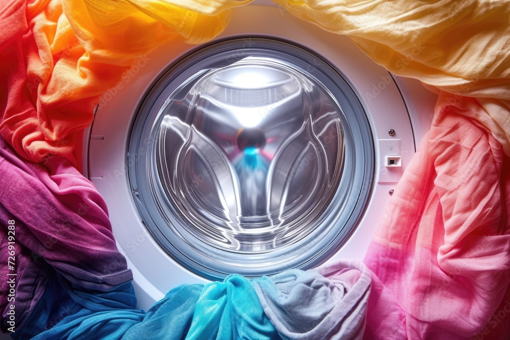 Washing machine with color clothes inside. Washing machine with color clothes inside.