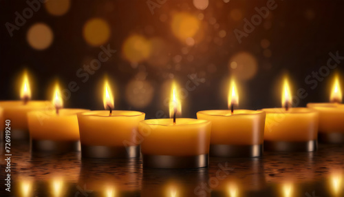 Burning candles on dark background with space for text