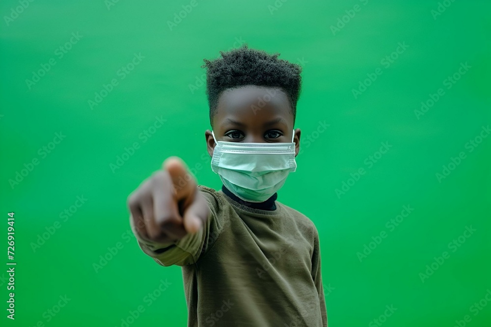 African boy in a mask pointing at the camera on a green background, AI-generated. African boy in a mask pointing at the camera on a green background, AI-generated.