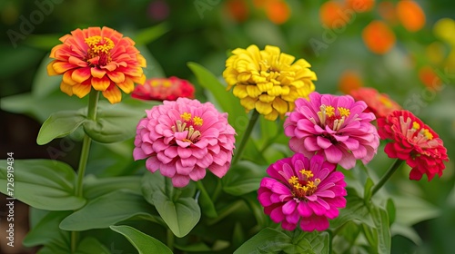 In a flower bed in a large number various zinnias grow and blossom.