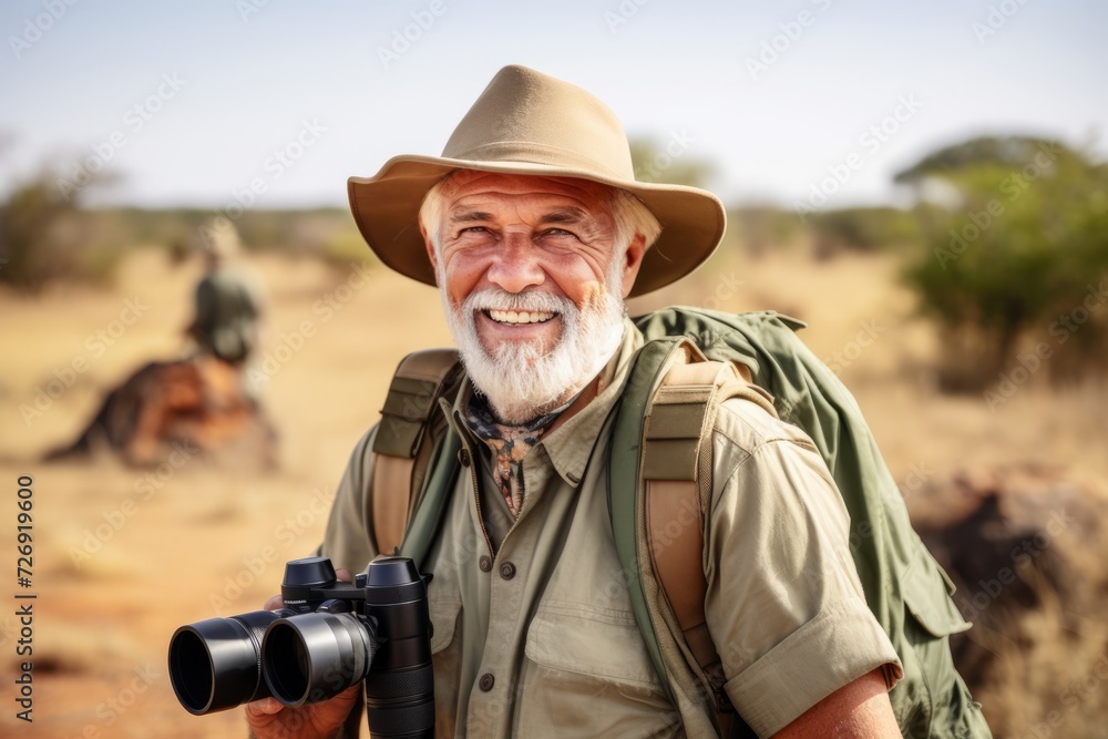 Senior hiker with binoculars in the savannah of Okavango Delta, Botswana Senior hiker with binoculars in the savannah of Okavango Delta, Botswana