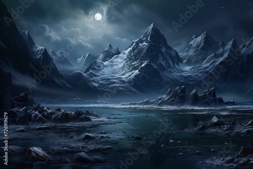 landscape with frozen lake and towering mountains. Generative AI