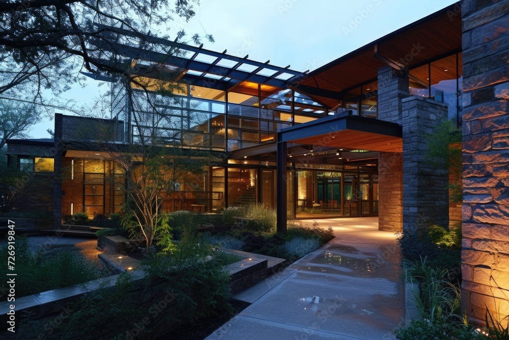Nighttime view of a modern home with a stone walkway and glass windows