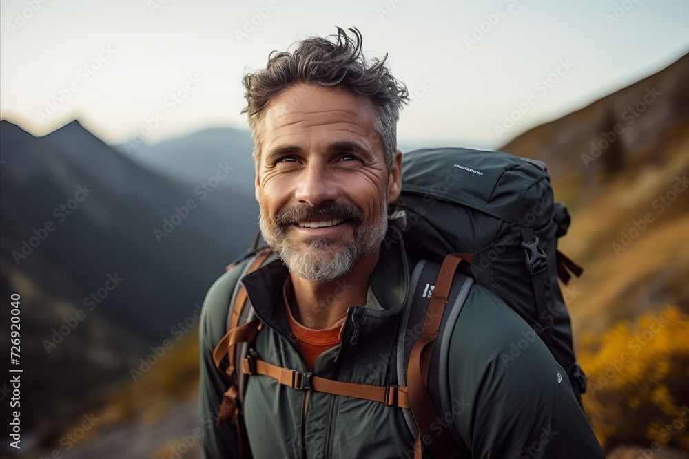Portrait of happy middle-aged man with backpack standing in mountains Portrait of happy middle-aged man with backpack standing in mountains