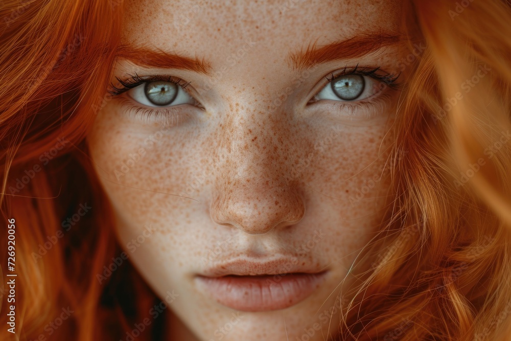 Portrait of a red-haired young girl with freckles. Hyperrealistic photo Portrait of a red-haired young girl with freckles. Hyperrealistic photo