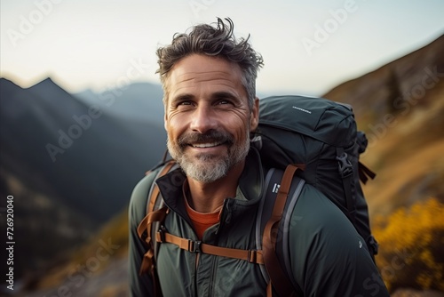 Portrait of happy middle-aged man with backpack standing in mountains