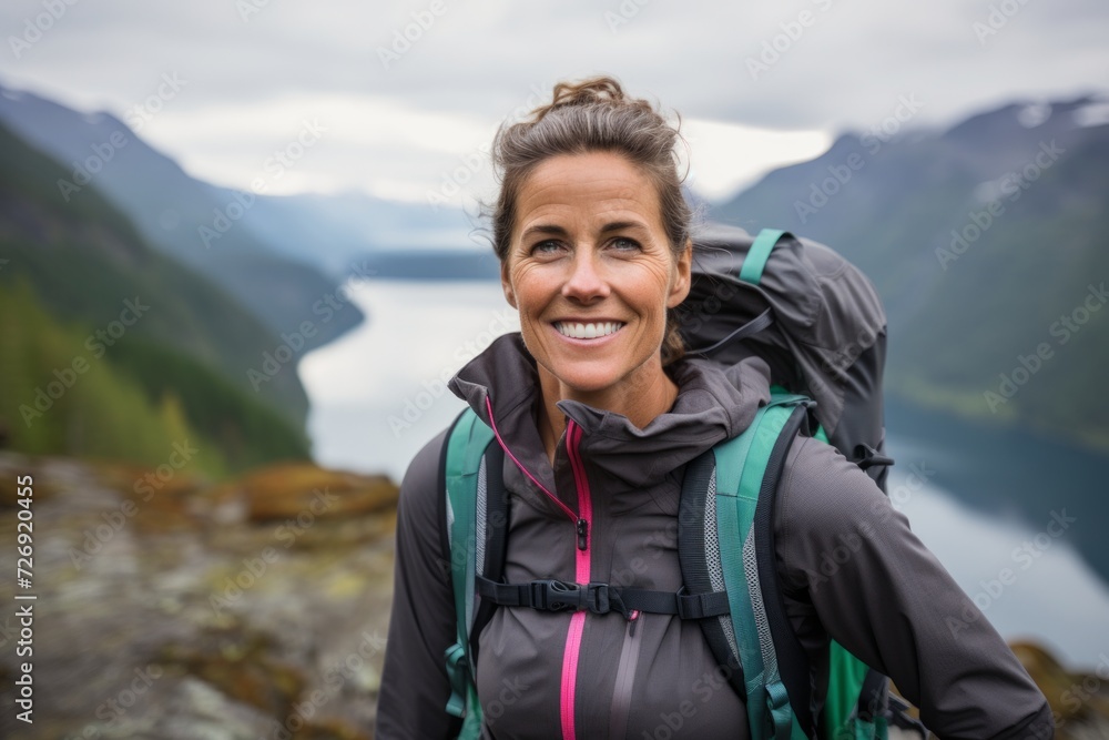 Portrait of a smiling woman with backpack standing on the edge of a cliff in Norway