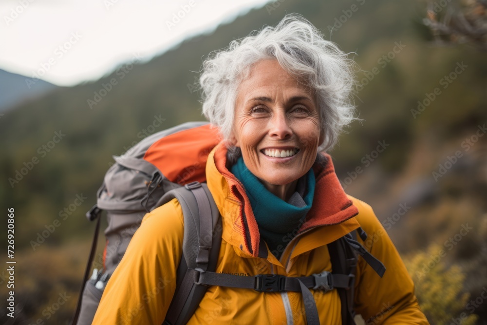 Portrait of senior woman hiking in the mountains on a sunny day. Portrait of senior woman hiking in the mountains on a sunny day.