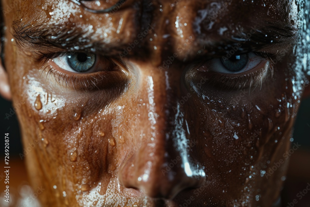 Close-up portrait of a young man, wet, sweaty, face. Hyper-realistic photo. Close-up portrait of a young man, wet, sweaty, face. Hyper-realistic photo.