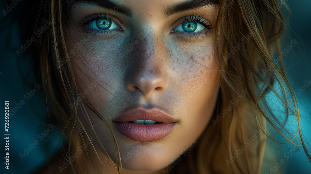 Naklejka premium portrait of a woman with blue eyes, a brunette woman with beautiful lips, a sensual sexy looking woman