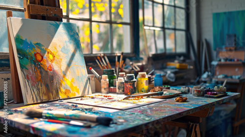 Bright art studio with painting in progress on easel. Creative workspace. © Postproduction