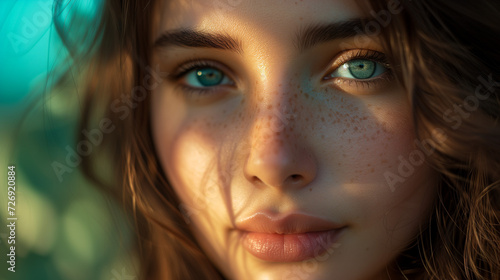 portrait of a woman with blue eyes and sparkles, brunette woman looking into camera with soft warm natural sun light