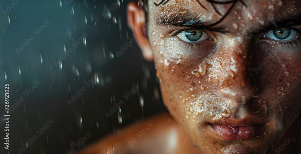 Close-up portrait of a young man, wet, sweaty, face. Hyper-realistic photo.
