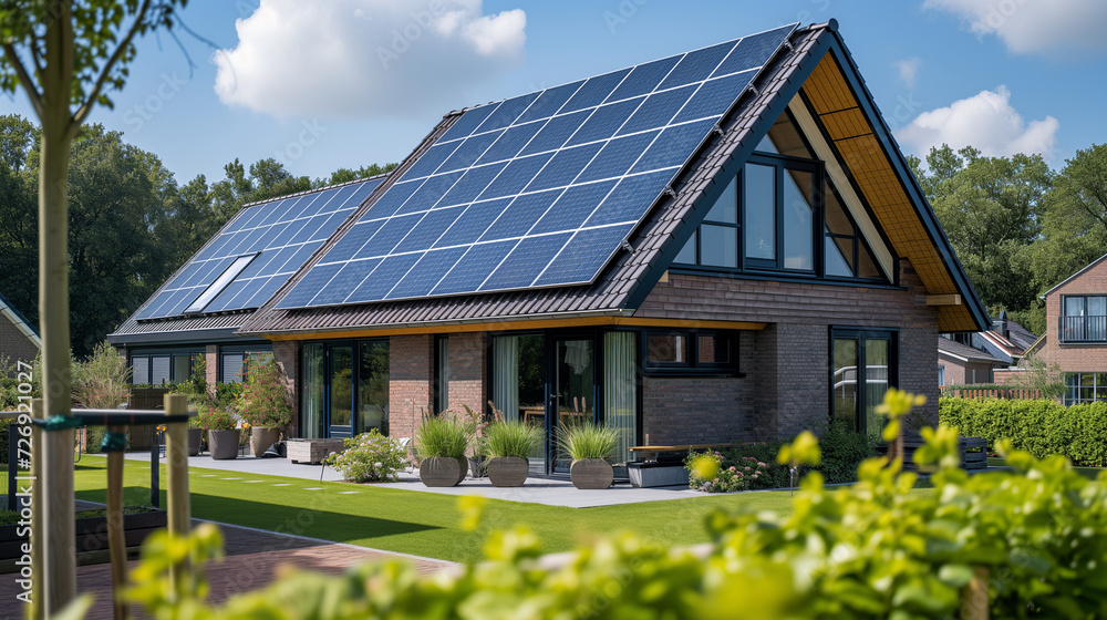 solar panels on a roof of modern house villa