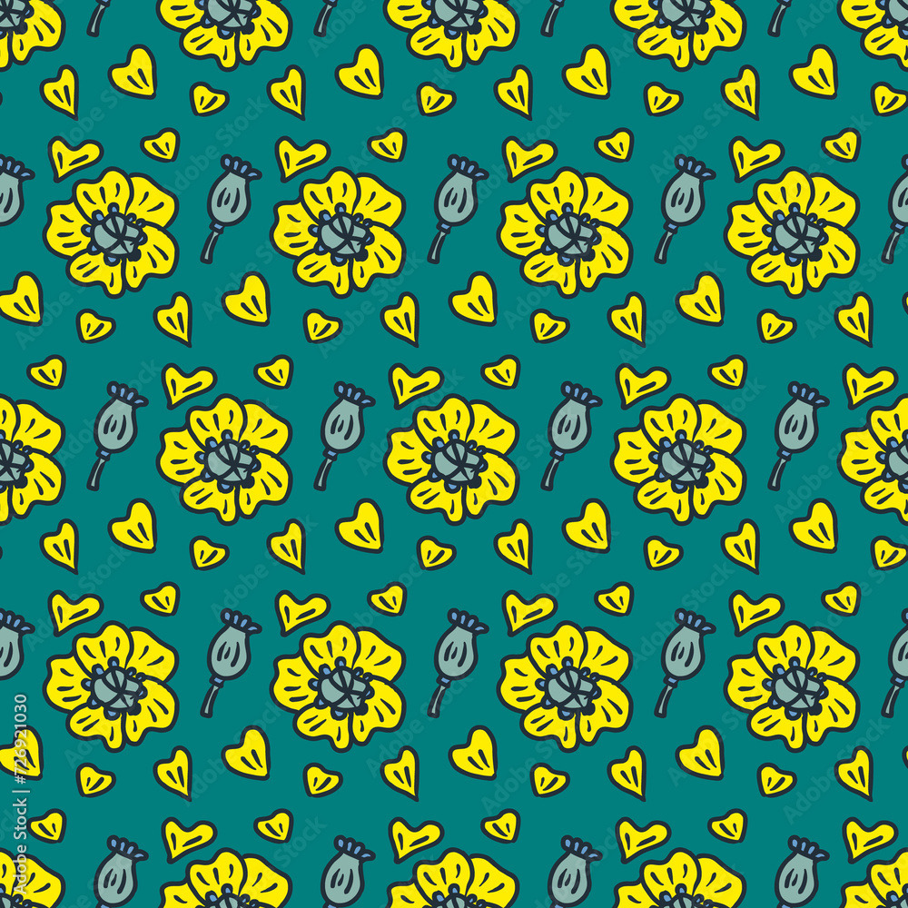 Doodle seamless pattern with yellow poppies, poppy boxes and petals. Summer print for tee, paper, textile and fabric. Simple illustration for decor and design. Doodle seamless pattern with yellow poppies, poppy boxes and petals. Summer print for tee, paper, textile and fabric. Simple illustration for decor and design.