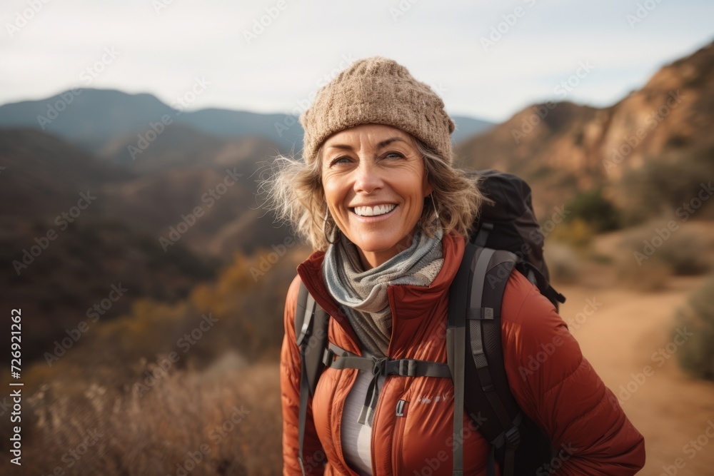 Portrait of a happy senior woman hiking in the mountains. Mature female hiker with backpack looking at camera.