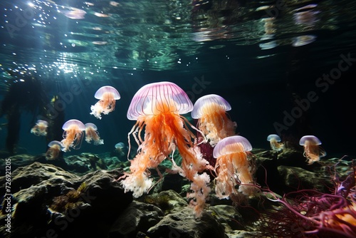 a flock of colorful jellyfish under water, in the dark, glow in different colors