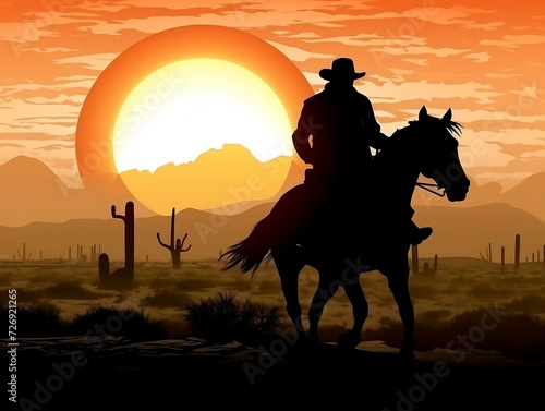 Cowboy riding on a horse in sunset