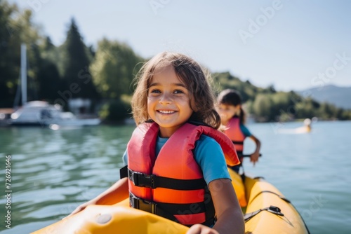 selective focus of smiling little girl in life jacket standing in kayak on lake
