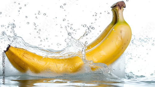 Fresh bananas with water splashes, isolated on a white background.