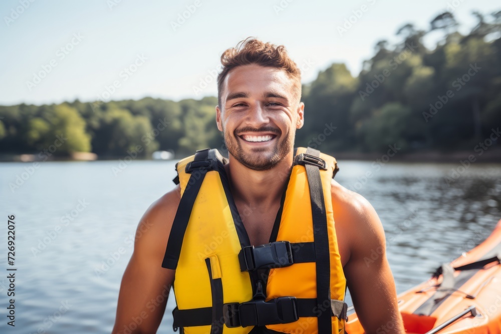 Handsome young man in life jacket is smiling while standing on the river bank