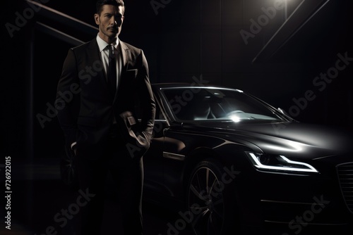 man in a black suit stands beside a sleek car. The subdued lighting emphasizes the contours of both the suit and the vehicle, creating a mysterious and sophisticated atmosphere © Vitalii But