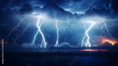 Lightning on the sky, gloomy ominous storm clouds background