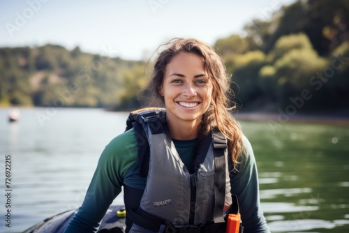 Portrait of a happy young woman kayaking on a lake. © Nerea