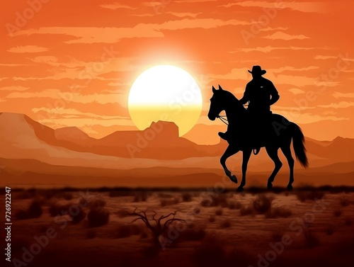 Cowboy riding on a horse in sunset