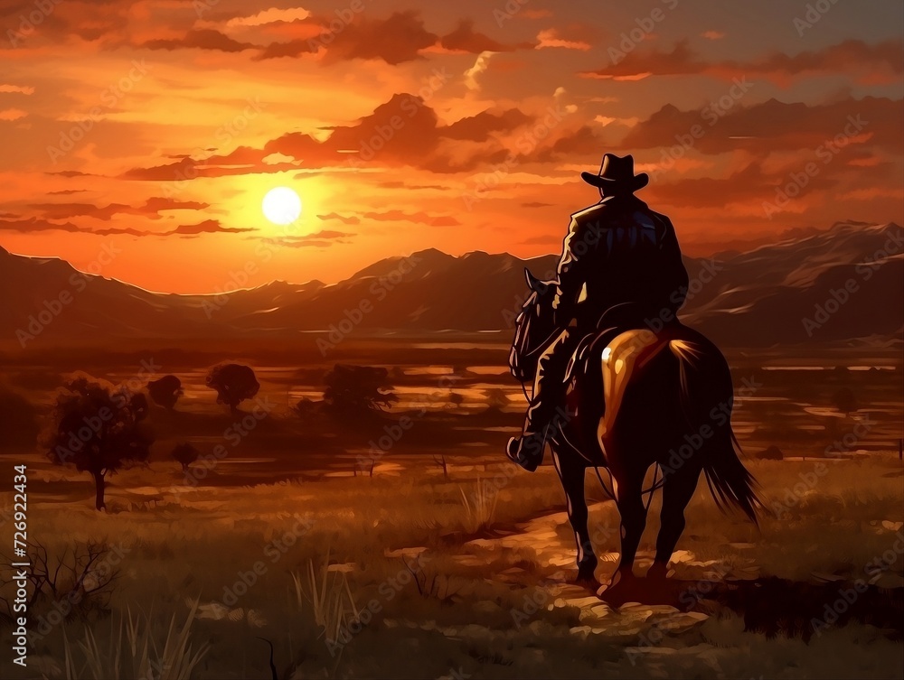 Cowboy riding on a horse in sunset