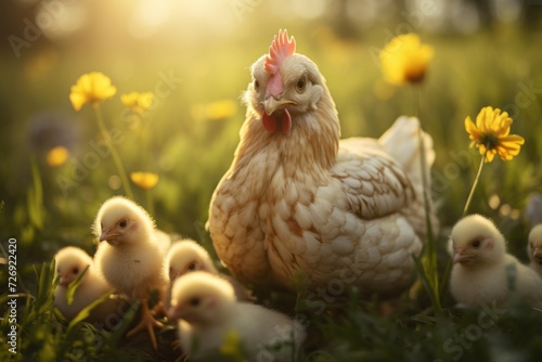 A mother hen with her chicks. family, motherhood in birds. © MaskaRad