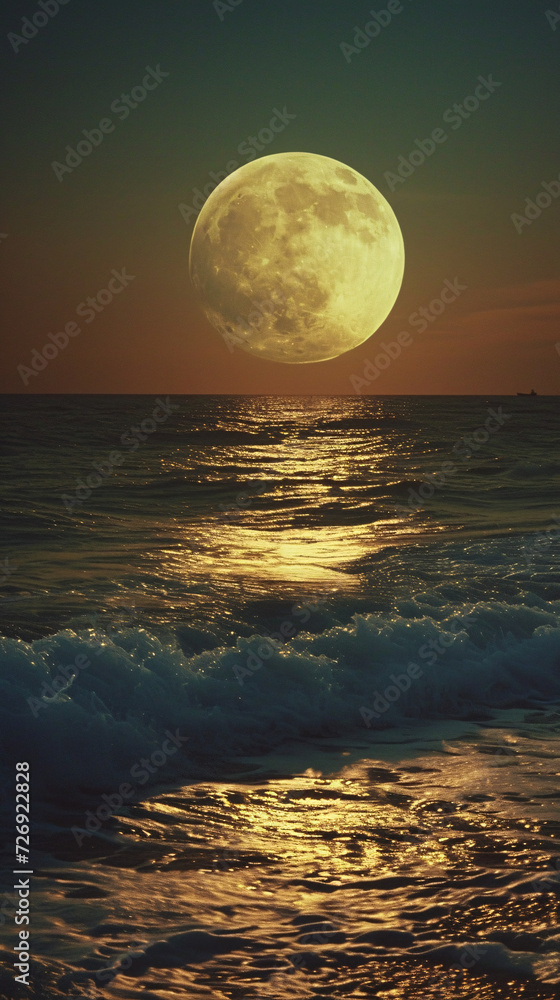 Naklejka premium Majestic Full Moon Rising Over Tranquil Ocean Waves at Sunset: Nature’s Beauty Unleashed