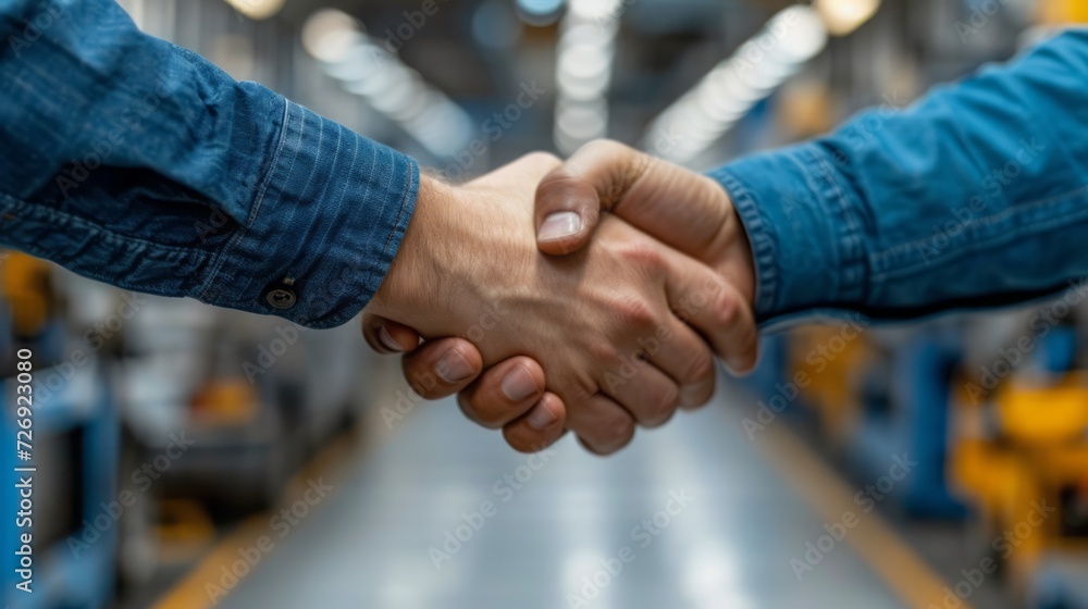 Anonymous male technician and customer shaking hands near car after coming to agreement in garage Anonymous male technician and customer shaking hands near car after coming to agreement in garage