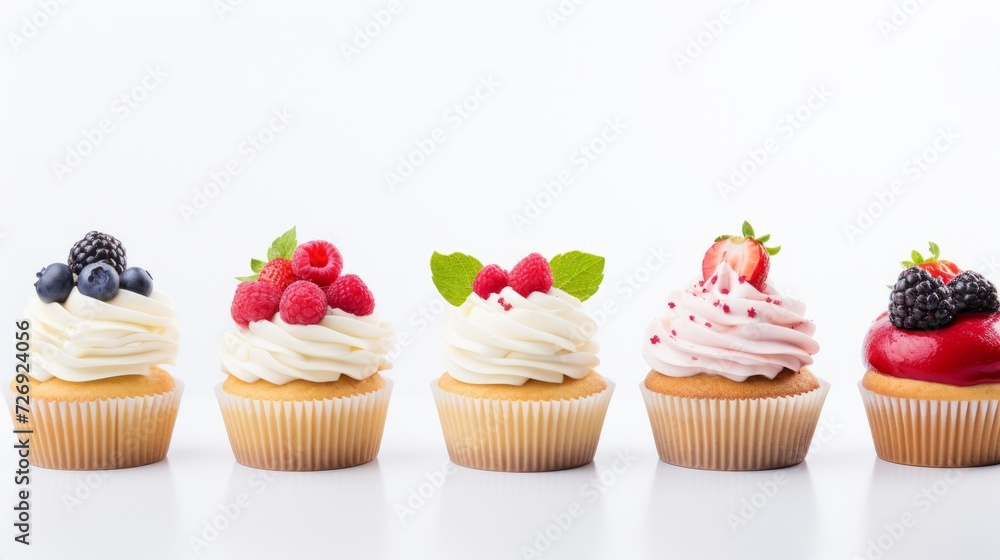 Close-up of delicious mouth-watering variety of cupcakes decorated with cream and berries on a white background with copy space. Close-up of delicious mouth-watering variety of cupcakes decorated with cream and berries on a white background with copy space.