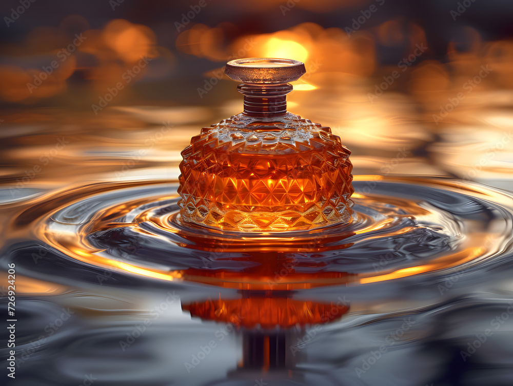 A perfume bottle is floating on the water, with a sunset in the background. A perfume bottle is floating on the water, with a sunset in the background.