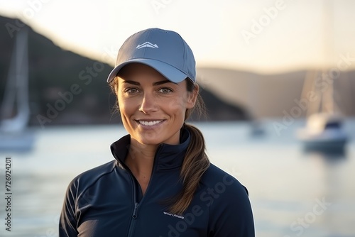 Portrait of a beautiful young woman wearing a blue cap and sportswear. © Nerea