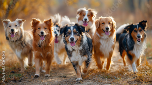 Group of dogs running towards the camera inside a doggy day care dog park.