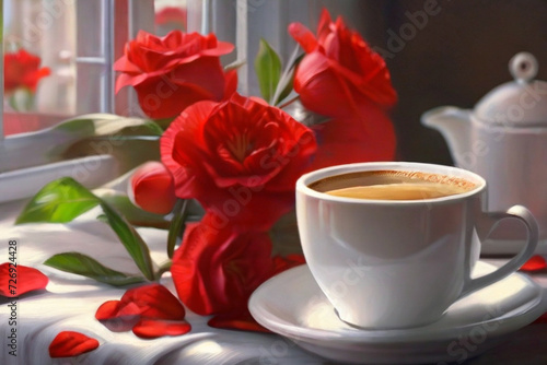 cup of coffee and rose HD 8K wallpaper Stock Photographic Image